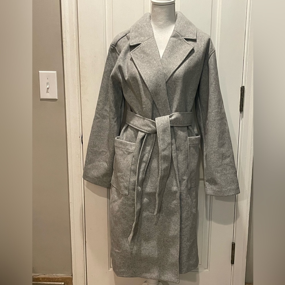 Gap New Women's Size Medium M Grey Relaxed Fit Open-Front Tie Topcoat Jacket